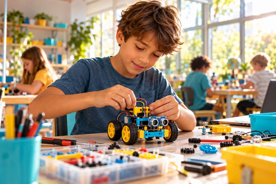 Robot kiti üzerinde çalışan çocuk